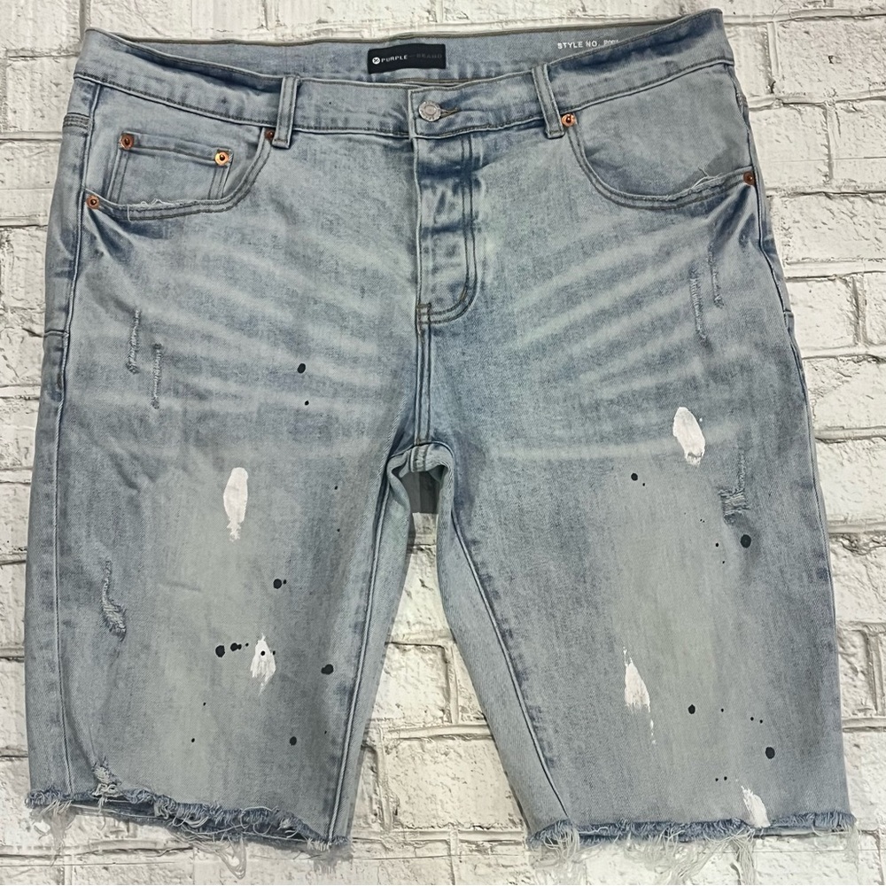 Purple Brand Distressed Paint Splatter Button Fly Denim Shorts Sz 36 NWOT